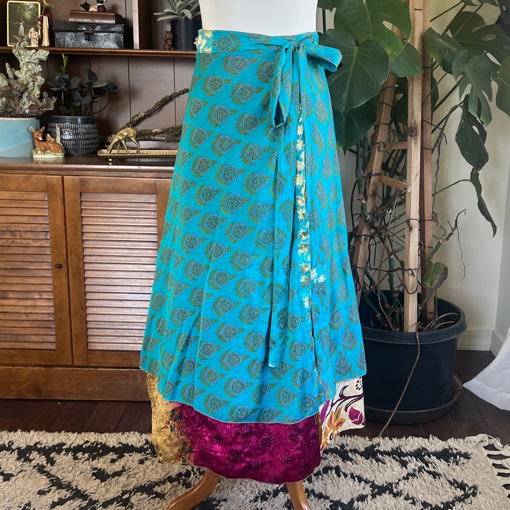 India Magic Wrap Silk Reversible Turquoise, Gold, Magenta Wrap Maxi Skirt OS